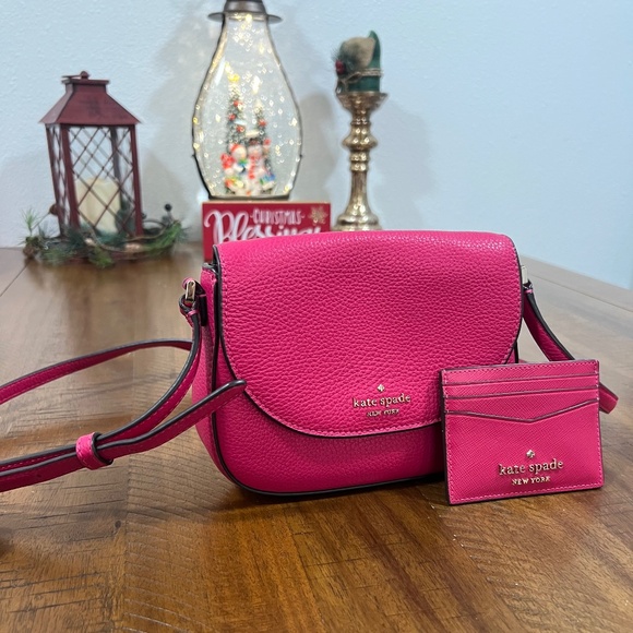 Kate Spade Pink Ruby Leila Mini Flap Leather Xbody & Staci Sm Slim Card Holder